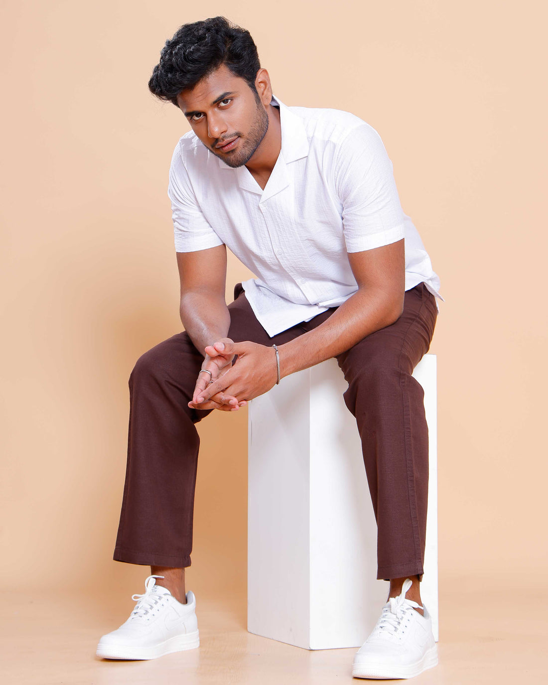 Nativebull Men Textured Half Sleeve Cotton Blend Shirt - White