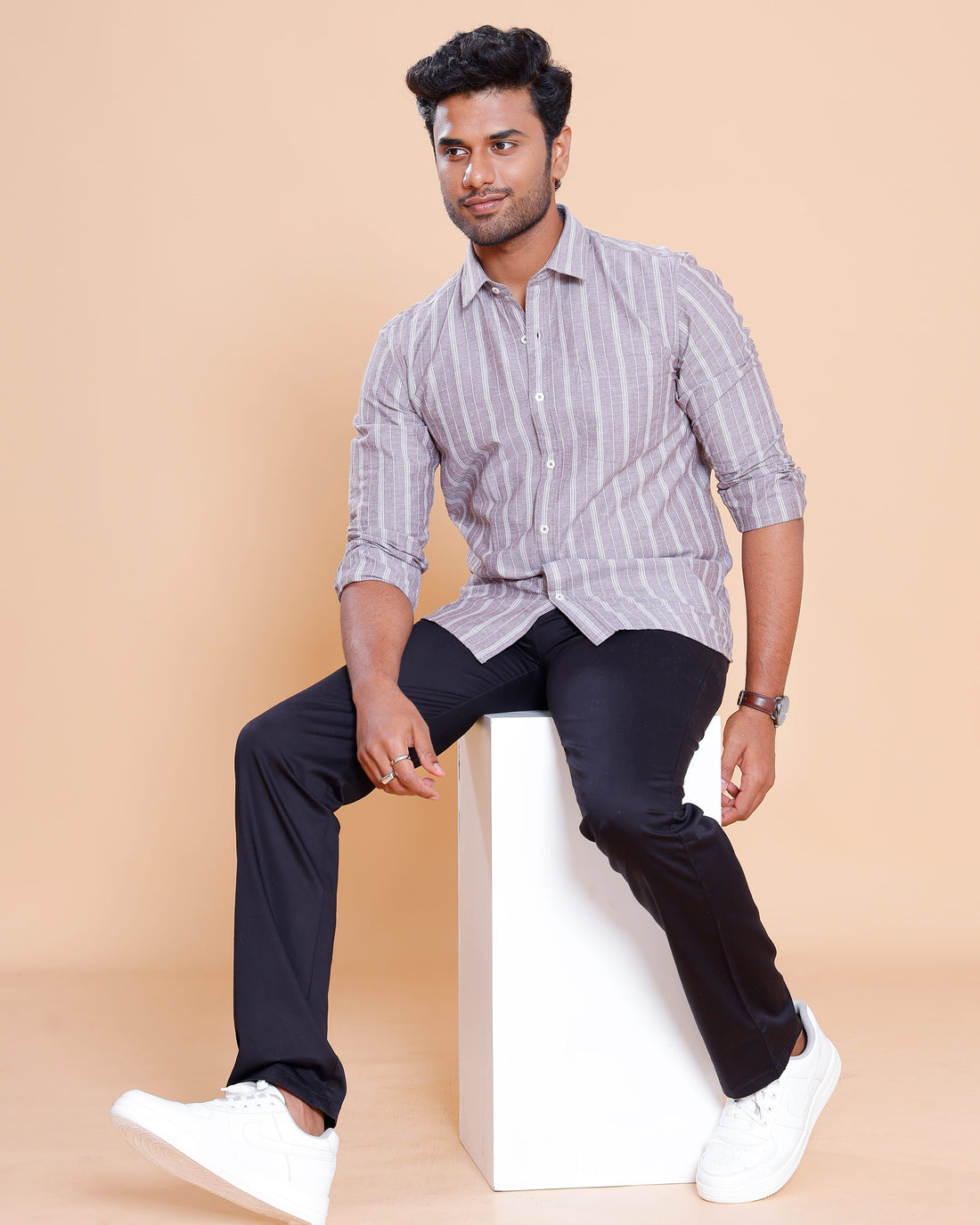 Nativebull Men Striped Full Sleeve Cotton Shirt - Brown