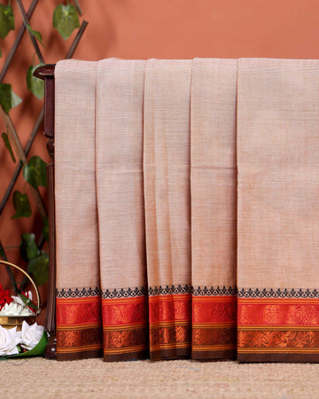 Elegant Chettinad Handloom Saree with Temple Border Design - Light Peach