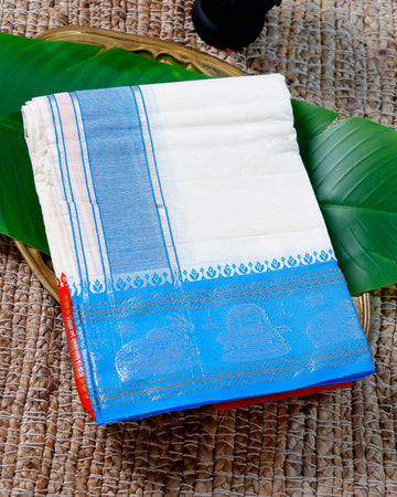 Men’s Cotton Dhoti with Blue Colour Border - White