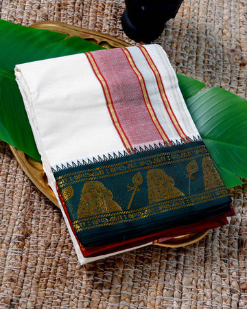 Men’s Cotton Dhoti with Green Colour Border - White