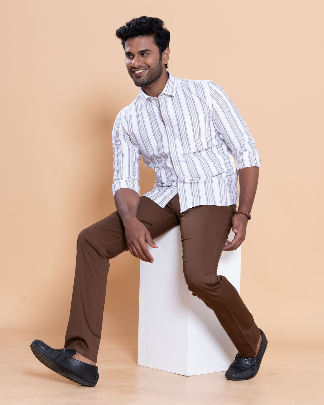 Nativebull Men Striped Full Sleeve Cotton Shirt - Grey