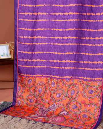 Elegant Semi Tussar Silk Saree with Intricate Nature-Inspired Patterns and Textured Stripes - Purple