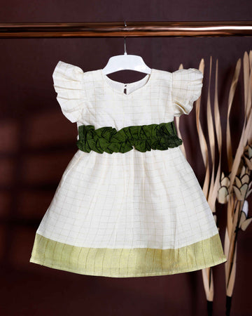 Girls' Traditional Handloom Frock with Ruffled Waistband and Gold Border - Off White