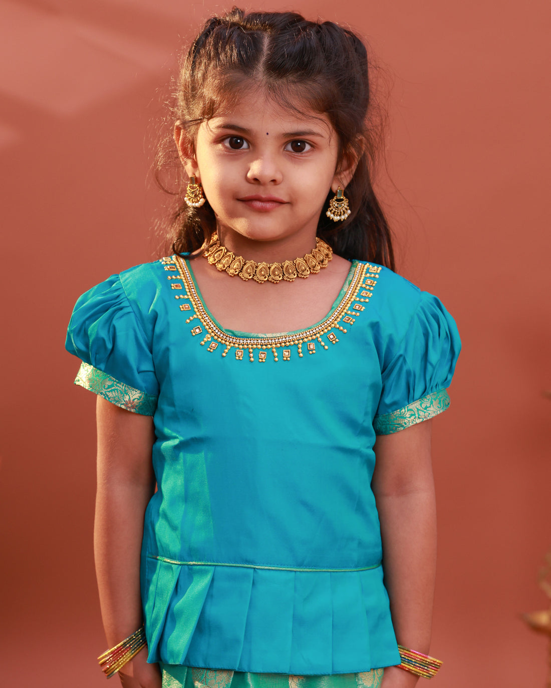 Traditional Kids Readymade Pattu Pavadai Set with Zari Woven Skirt and Embroidered Blouse - Blue