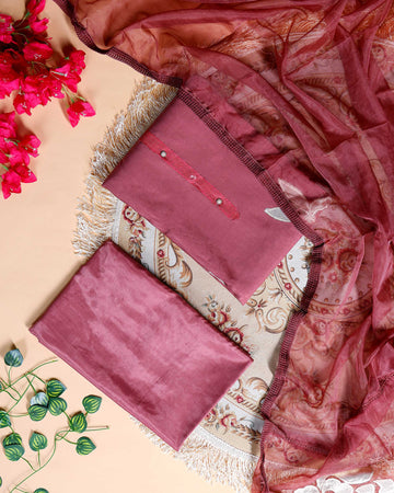Women's Elegant Unstitched Salwar Suit Material with Embellished Neckline & Printed Dupatta - Maroon