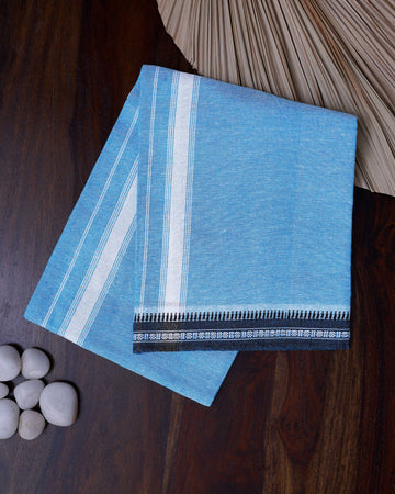 Men's Handloom Cotton Dhoti with Striped Pattern and Black Border - Blue