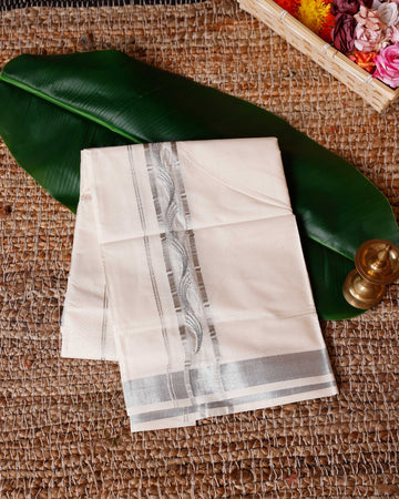 Traditional Handwoven Cotton Dhoti with Silver Color Border and Elegant Finish - Off White