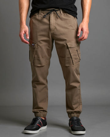 Men’s Tapered Fit Cargo Pant with Drawstring Waist and Multiple Utility Pockets - Brown