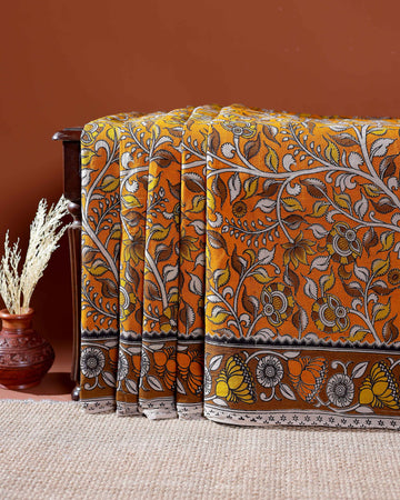 Traditional Handloom Kalamkari Cotton Saree with Intricate Floral and Avian Motifs - Yellow