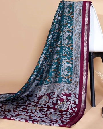 Elegant Semi Chanderi Saree with Traditional Kalamkari Handcrafted Motifs and Intricate Zari Border - Teal