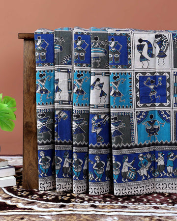 Handcrafted Traditional Kalamkari Cotton Saree with Tribal Art Motifs - Multi