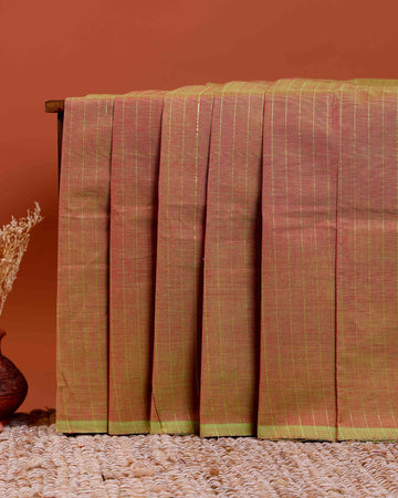 Traditional Chettinad Cotton Saree with Subtle Stripes and Traditional Weave - Reddish-Brown