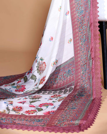 Elegant White Cotton Saree with Multicolour Floral Print