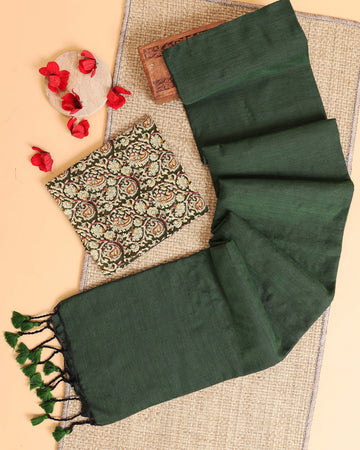 Handwoven Khadi Cotton Saree with Contrast Printed Blouse and Tassel Accents - Green