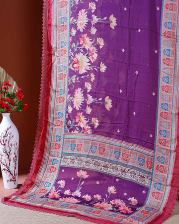 Stylish Georgette Saree with Bold Floral Prints and Traditional Patterned Border - Purple