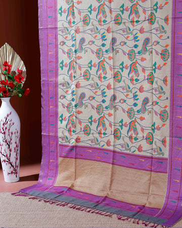 Traditional Kota Cotton Saree with Intricate Floral and Paisley Weaving and Contrast Woven Border - Sandal