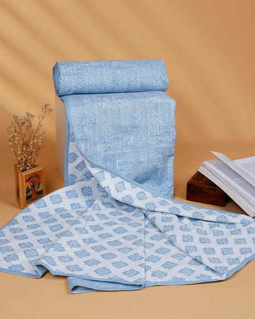 Reversible Cotton Double Quilt with Tribal Block Print and Floral Motifs - Blue