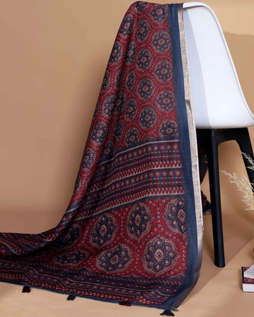 Rich Maroon and Navy Blue Linen Saree with Intricate Geometric and Floral Block Print