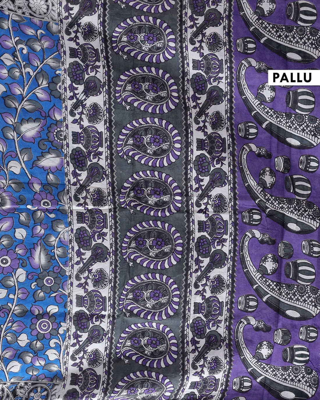 Traditional Kalamkari Cotton Saree with Traditional Floral Motifs and Intricate Border Print - Blue