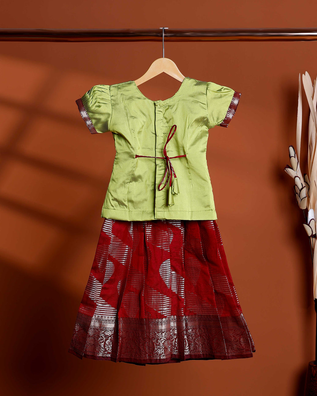 Classic Kids Readymade Pattu Pavadai with Contrast Blouse and Zari Woven Skirt - Green