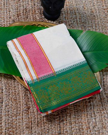 Men’s Cotton Dhoti with Green Colour Border - White
