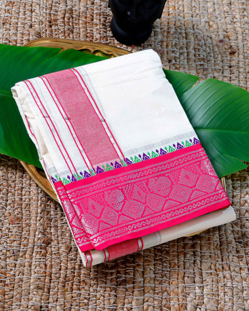 Men’s Cotton Dhoti with Pink Colour Border - White