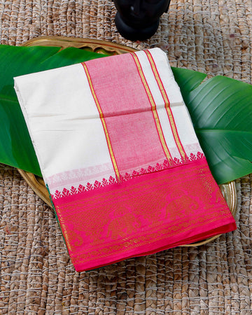 Men’s Cotton Dhoti with Pink Colour Border - White