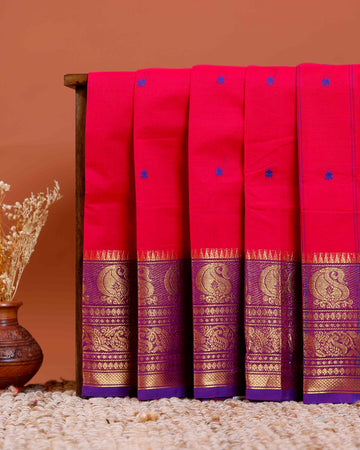 Handloom Chettinad Cotton Saree with Butta Weaves, Zari Peacock Motif Border and Contrast Pallu - Pink