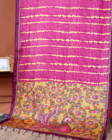 Elegant Semi Tussar Silk Saree with Intricate Nature-Inspired Patterns and Textured Stripes - Dark Purple