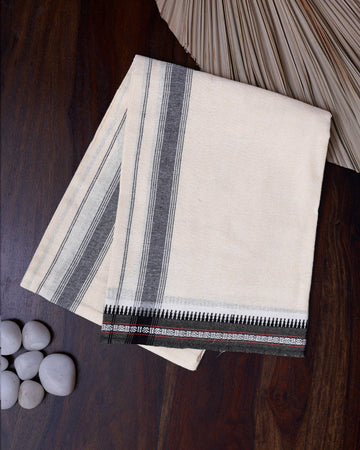 Men's Handloom Cotton Dhoti with Striped Pattern and Black Border - Cream