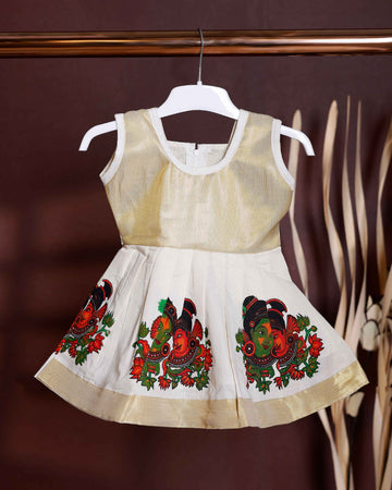 Traditional Kids' Frock with Kerala Mural Art Print - Cream