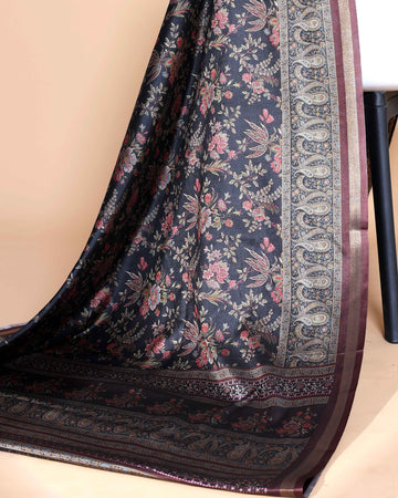 Black Art Silk Saree with Intricate Floral and Geometric Weave Pattern