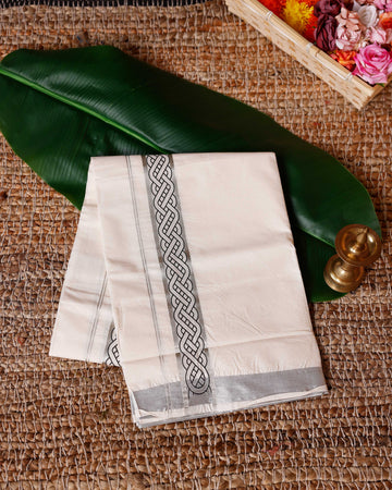 Traditional Handwoven Cotton Dhoti with Silver Color Border and Elegant Finish - Off White