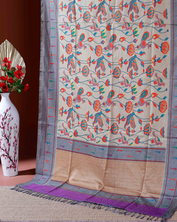 Traditional Kota Cotton Saree with Intricate Floral and Paisley Weaving and Contrast Woven Border - Sandal