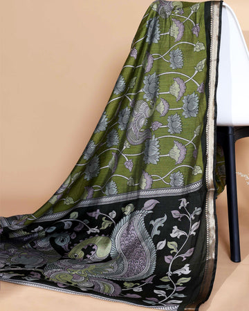 Elegant Semi Chanderi Saree with Traditional Kalamkari Handcrafted Motifs and Intricate Zari Border - Green