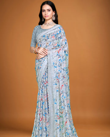 Elegant Floral Printed Fancy Saree - Grey