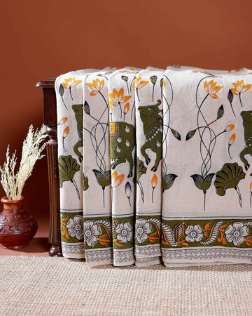 Traditional Handloom Kalamkari Cotton Saree with Intricate Floral and Avian Motifs - White