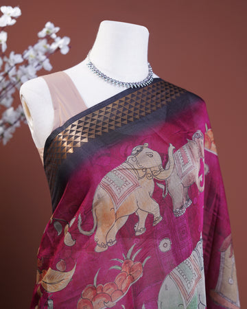 Semi Chanderi Kalamkari Saree with Intricate Hand-Painted Motifs and Zari Border - Purple