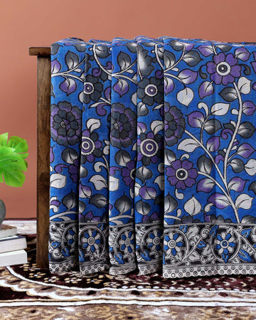 Traditional Kalamkari Cotton Saree with Traditional Floral Motifs and Intricate Border Print - Blue