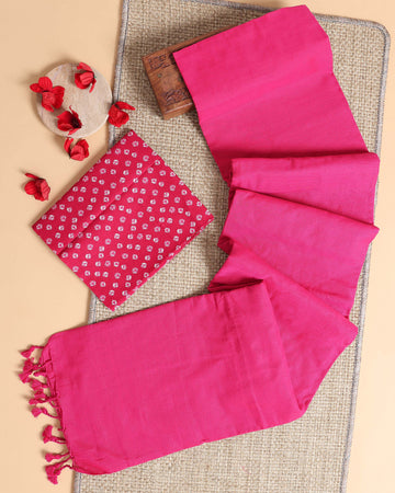 Handwoven Khadi Cotton Saree with Contrast Printed Blouse and Tassel Accents - Pink