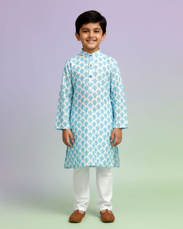 Boys Festive White Kurta Set with Blue Ikat-Inspired Print