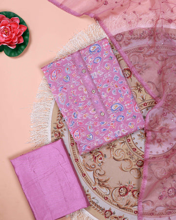 Women's Floral Embroidered Salwar Suit Material with Beaded Neckline and Net Dupatta - Dark Pink