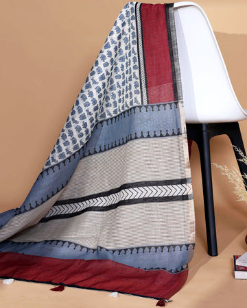 Contemporary Linen Saree in Grey, Maroon and Blue with Floral Buta, Chevron Stripes and Contrast Border