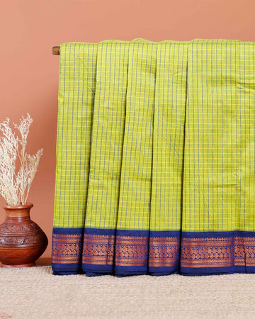 Traditional Kalyani Cotton Saree with All-Over Checks and Ornate Zari Pallu and Border - Green