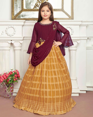 Maroon Colored Pleated With Embellishment Model Work Frock