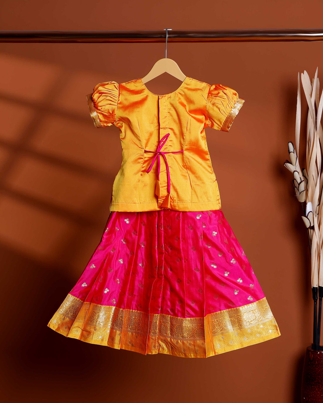 Classic Kids Readymade Pattu Pavadai with Contrast Blouse and Zari Woven Skirt - Yellow