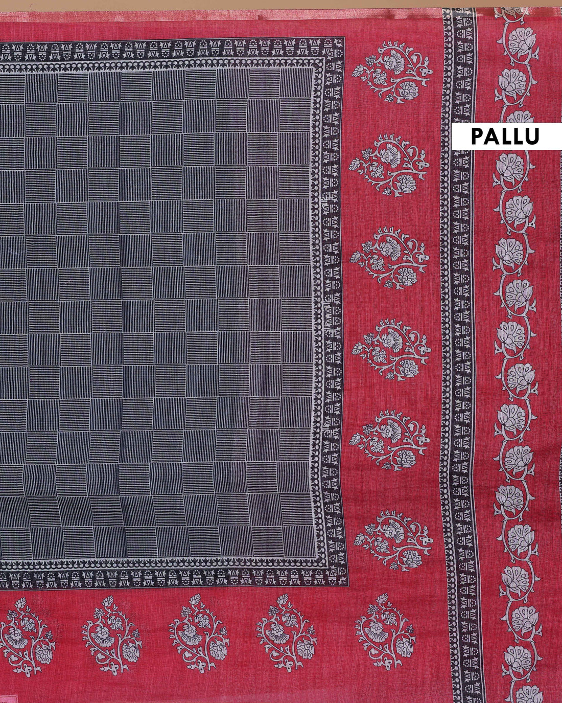 Elegant Grey and Red Linen Saree with Checked Body, Intricate Floral Motifs and Contrast Woven Border