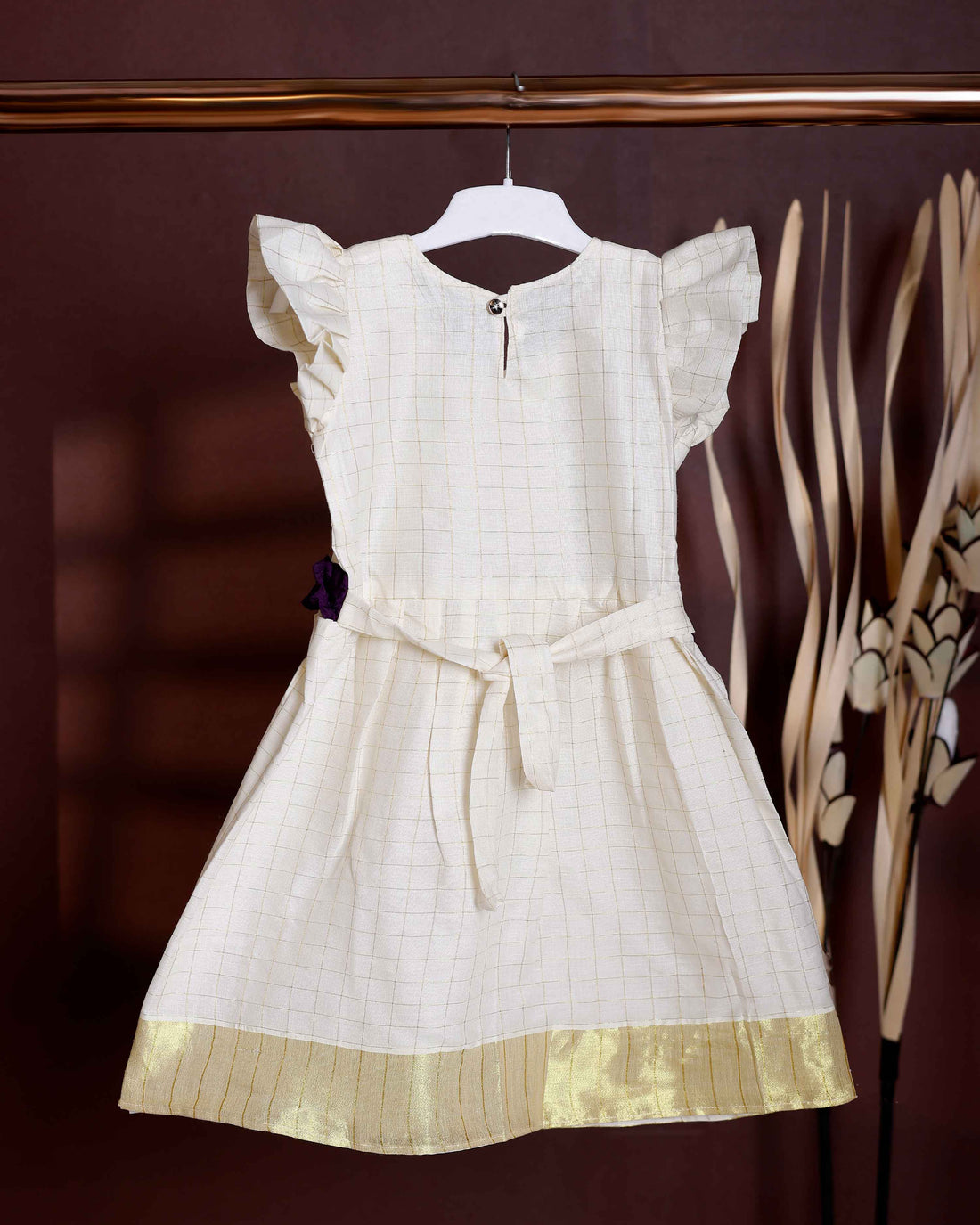 Elegant Girl's Frock with Checkered Weave and Pleated Skirt - Cream