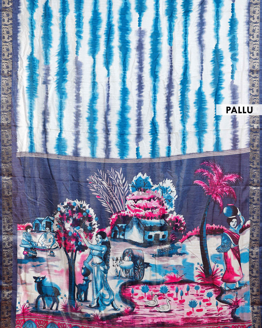 Elegant Navy Blue shades and the rural scenic artwork Dola Saree